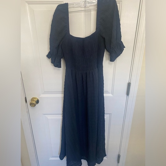 Women’s Altar’d State Checked Navy Blue Nap Dress With Puff Sleeves Size Large - Picture 7 of 7